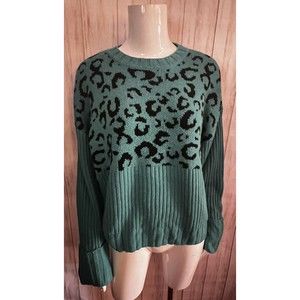 Nine West Sweater Size L Teal Green Black Animal Print Pull Over Acrylic